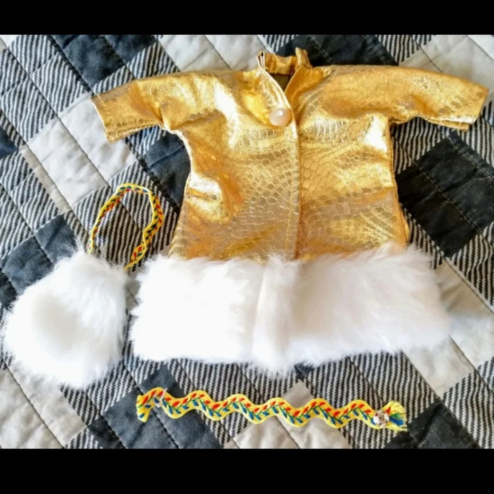 Handmade (Curvy) Barbie 3 pc outfit gold coat faux fur original